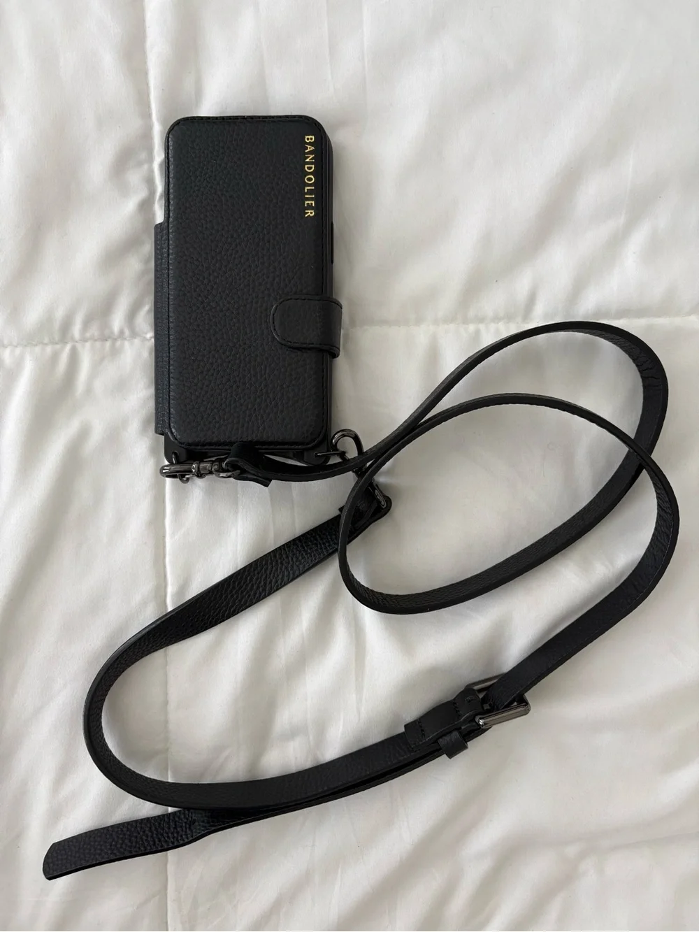 Bandolier Black Pebbled Leather Crossbody Phone Wallet with Strap
